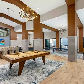 Resident lounge and game room with billiards, shuffleboard, kitchenette, and seating areas