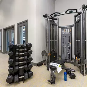 Gym fitness center weight machines and dumbbells