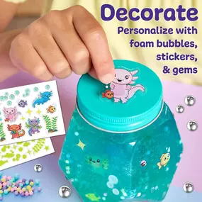 Dive into axo-LOT-l educational fun and discover the fascinating world of axolotls! Curious kiddos create a magical underwater world with this on-trend STEM kit. 
???? Combine the magic powder with water & watch the bubble gel expand
???? Layer the colors inside the jar to create a cool aquarium! 
???? Personalize the habitat with the included foam bubbles, stickers, and gems 
Place the 5 mini axolotl figures inside their new home! Screw on the lid and turn out the lights: the stickers glow in t