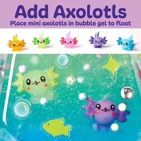 Dive into axo-LOT-l educational fun and discover the fascinating world of axolotls! Curious kiddos create a magical underwater world with this on-trend STEM kit. 
???? Combine the magic powder with water & watch the bubble gel expand
???? Layer the colors inside the jar to create a cool aquarium! 
???? Personalize the habitat with the included foam bubbles, stickers, and gems 
Place the 5 mini axolotl figures inside their new home! Screw on the lid and turn out the lights: the stickers glow in t