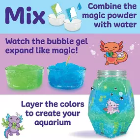 Dive into axo-LOT-l educational fun and discover the fascinating world of axolotls! Curious kiddos create a magical underwater world with this on-trend STEM kit. 
???? Combine the magic powder with water & watch the bubble gel expand
???? Layer the colors inside the jar to create a cool aquarium! 
???? Personalize the habitat with the included foam bubbles, stickers, and gems 
Place the 5 mini axolotl figures inside their new home! Screw on the lid and turn out the lights: the stickers glow in t