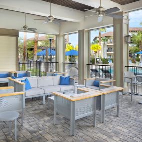 Poolside lanai at Camden Town Square apartments in Kissimmee, Florida.
