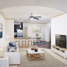 Beautiful open floor plan of living room, looking into the kitchen.