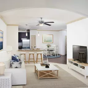 Beautiful open floor plan of living room, looking into the kitchen.