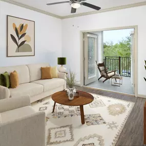 Living room with balcony in apartment home at Camden Town Square in Kissimmee Florida