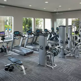 24-hour fitness center with cardio and strength training equipment