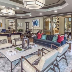 Resident lounge with billiards and entertaining space at Camden Asbury Village in Raleigh, NC