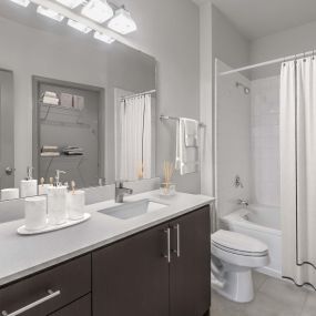 Bathroom with large vanity, linen closet, shower, and bathtub at Camden Asbury Village in Raleigh, NC.