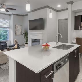 Open concept kitchen and living room at Camden Asbury Village in Raleigh, NC.  The kitchen features stainless steel appliances and a built-in desk with shelving.  The living room features an electric fireplace and large window with a greenery view.