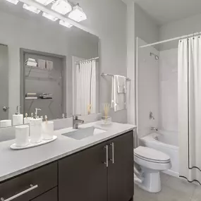 Bathroom with large vanity, linen closet, shower, and bathtub at Camden Asbury Village in Raleigh, NC.