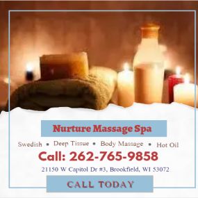 Nurture Massage Spa is the place where you can have tranquility, absolute unwinding and restoration of your mind, 
soul, and body. We provide to YOU an amazing relaxation massage along with therapeutic sessions 
that realigns and mitigates your body with a light to medium touch utilizing smoother strokes.