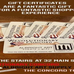 Head down the stairs at 32 Main Street to get a fabulous gift certificate for use in all 3 shops!!(Revolutionary Concord/Albright Art Supply/The Concord Toy Box)