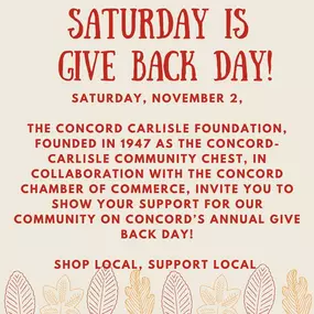 This Saturday.. Shop our 3 stores...Revolutionary Concord...Albright Art Supply and The Concord Toy Box to GIVE BACK to your community! 10-6 Saturday Nov. 2nd