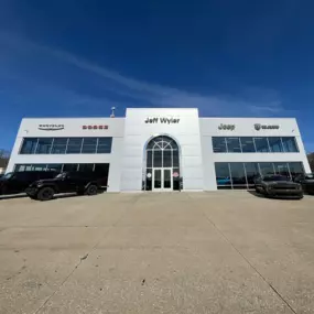 Jeff Wyler Chrysler Dodge Jeep RAM of Fort Thomas exterior showcased in this photo, highlighting our modern, welcoming dealership and easy access to a wide selection of Chrysler, Dodge, Jeep, and RAM vehicles for drivers in Northern Kentucky.