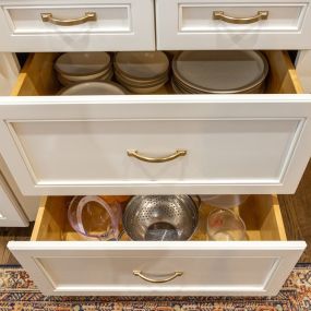 Ever thought about drawers instead of base cabinets? That’s one way to organize! With our Custom Organization service, we can help you come up with even more great ideas!