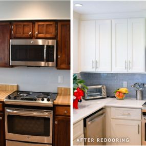 What is Cabinet Redooring? Cabinet redooring simply means we replace your doors and drawer fronts with new ones in your choice of style that are color-matched to blend with your existing cabinet boxes. We replace your hinges and offer a wide variety of new pulls and knobs to complete the new look. I