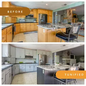 ???? Witness the magic of cabinet refacing! Swipe to see how we completely updated this kitchen’s look without replacing the cabinets. ????️ Ready for a fresh look? Book your consultation today!