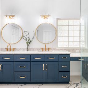 Blue and Beautiful Vanity with gold pulls and fixtures