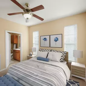 Bedroom with ensuite bathroom and ceiling fan