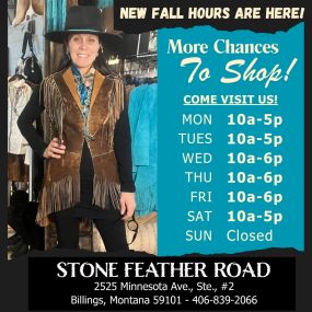 ???? ???????????????????? ???????????????????????????? ???????????????? ????????????????????????????! ????
Exciting News! Starting Tuesday, Sept. 3rd, STONE FEATHER ROAD will be open on MONDAYS & TUESDAYS, giving you more time to shop your favorites. Come visit us and enjoy our extended fall hours!