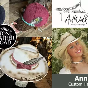 STONE FEATHER ROAD is excited to join the Billings ArtWalk. Save the date for Friday, December 6, from 4-7 pm. The Billings ArtWalk is committed to promoting artists and their fine arts and fine crafts in the downtown core of Billings, Montana.
***Meet custom hat bar designer ANNIE LIEN. Stop in and create a one-of-a-kind corduroy baseball cap that will stand out in the crowd. Annie will craft your personalized cap using unique embellishments like: feathers, stones, conchos, leather, and even yo