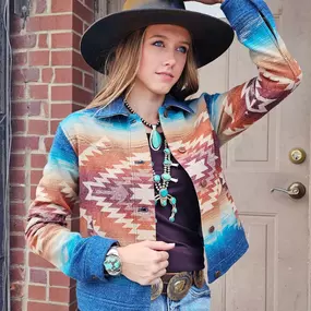 ???? THE PERFECT PENDLETON! ???? 
What an eye-catching trucker-style jacket made of striking turquoise & earth-tone colors! It's made from 100% wool jacquard and features welted front pockets and a button closure.