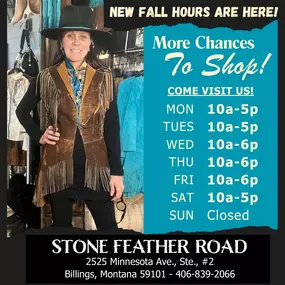 ???? ???????????????????? ???????????????????????????? ???????????????? ????????????????????????????! ????
Exciting News! Starting Tuesday, Sept. 3rd, STONE FEATHER ROAD will be open on MONDAYS & TUESDAYS, giving you more time to shop your favorites. Come visit us and enjoy our extended fall hours!