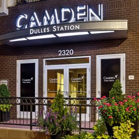 Camden Dulles Station outdoor exterior building photo at night.