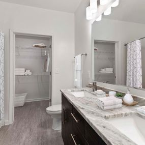 Large bathroom with double vanity sink