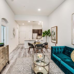 Open concept kitchen living dining tall ceilings