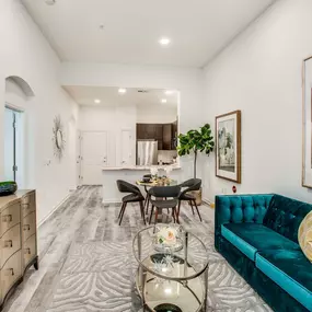 Open concept kitchen living dining tall ceilings