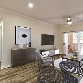 One bedroom open concept dining and living area with ceiling fan and patio