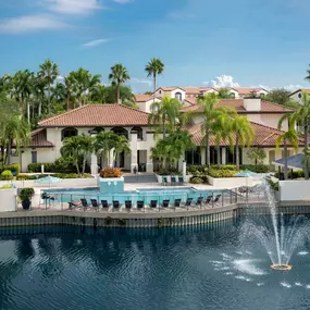 Resort style pool alongside lake within community