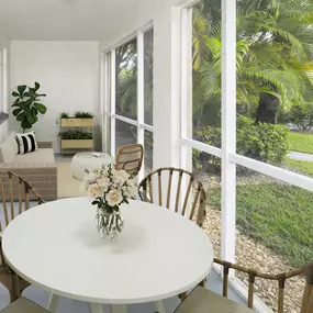 Screened-in covered patio in the Alberti floorplan at Camden Portofino in Pembroke Pines, FL.