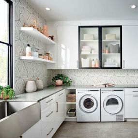 Laundry Room with Floating Shelves & Glass Doors - Elmsford, NY