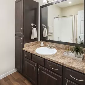 Bathroom with brown cabinets and bathtub at Camden Centerport apartments in Fort Worth, Tx