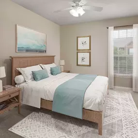 Bedroom with carpet and built-in shelves at Camden Centerport apartments in Fort Worth, Tx