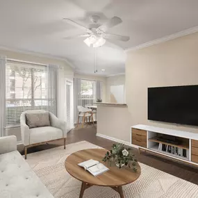 Living room and dining room with private patio and wood-style flooring at Camden Centreport apartments in Fort Worth, Texas