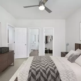 A contemporary-finish bedroom with Carpet, an ensuite bathroom, and a walk-in closet is available at Camden Overlook Apartments in Raleigh, NC.
