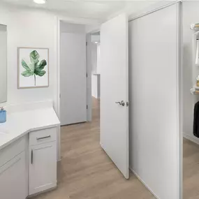 Bathroom with white quartz countertops, white cabinets and walk-in closet