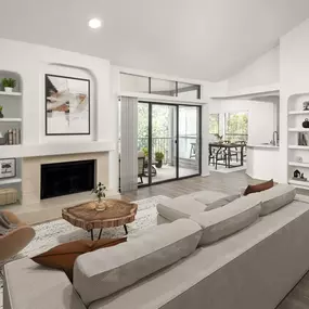 Large living space with vaulted ceilings and gas fireplace at Camden Gaines Ranch apartments in Austin, TX