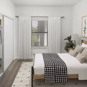 Bedroom with wood-style flooring at Camden Gaines Ranch apartments in Austin, TX