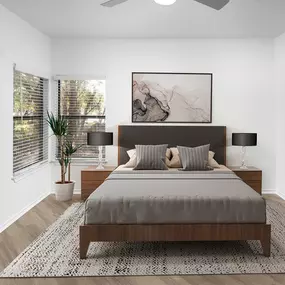 Bedroom with walk-in closet, light gray wood-style floors and patio door at Camden Gaines Ranch