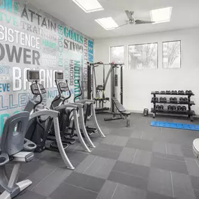 24-hour fitness center with strength and cardio machines, free weights, and a water bottle filling station at Camden Gaines Ranch apartments in Austin, TX