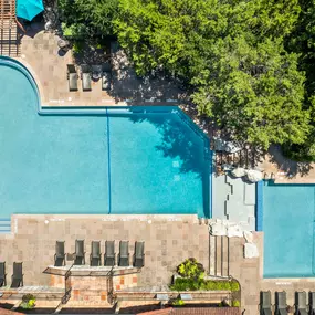 Aerial view of pool and sundeck at Camden Gaines Ranch