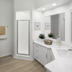 Primary ensuite bathroom with walk-in shower and wraparound countertop at Camden Gaines Ranch apartments in Austin, TX