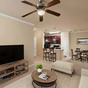 Open living room leading into kitchen