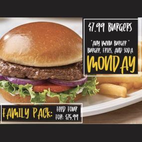 On Mondays, our burgers are only $7.99! On any burger menu you get a burger, fries and a soda at Thirsty Buffalo Saloon! The family pack is $25.99.