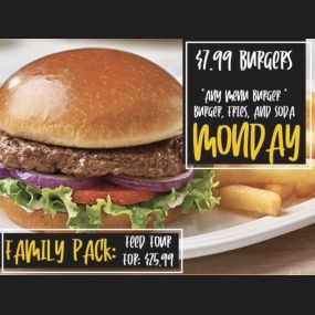 On Mondays, our burgers are only $7.99! On any burger menu you get a burger, fries and a soda at Thirsty Buffalo Saloon! The family pack is $25.99.