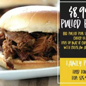 Pulled pork for $8.99? Yes, at Thirsty Buffalo Saloon! We offer a BBQ pulled pork sandwich with a choice of fries or mac n' cheese, coleslaw and a soda! The family pack is $25.99.